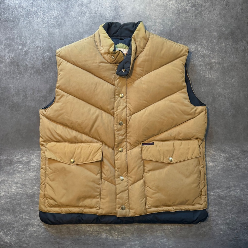 Vintage 70s Class-5 Goose Down Puffer Vest Mens XL Tan Navy Blue Chevron Quilted